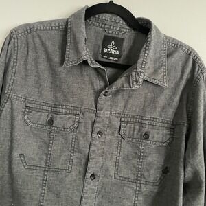 Prana Button Down Shirt Mens Medium Gray Long Sleeve Dual Pocket Gorpcore